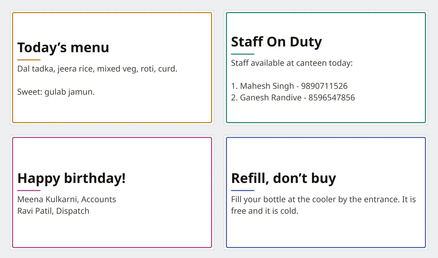 Four canteen notices: today's menu, staff on duty with phone numbers, happy birthday, and refill your water bottle