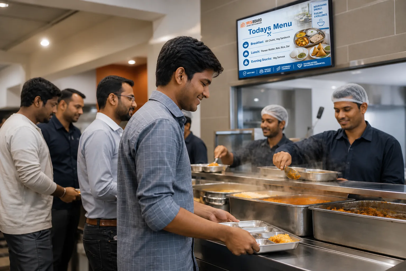 Employees queueing with steel trays at a factory canteen counter with a wall-mounted screen above it