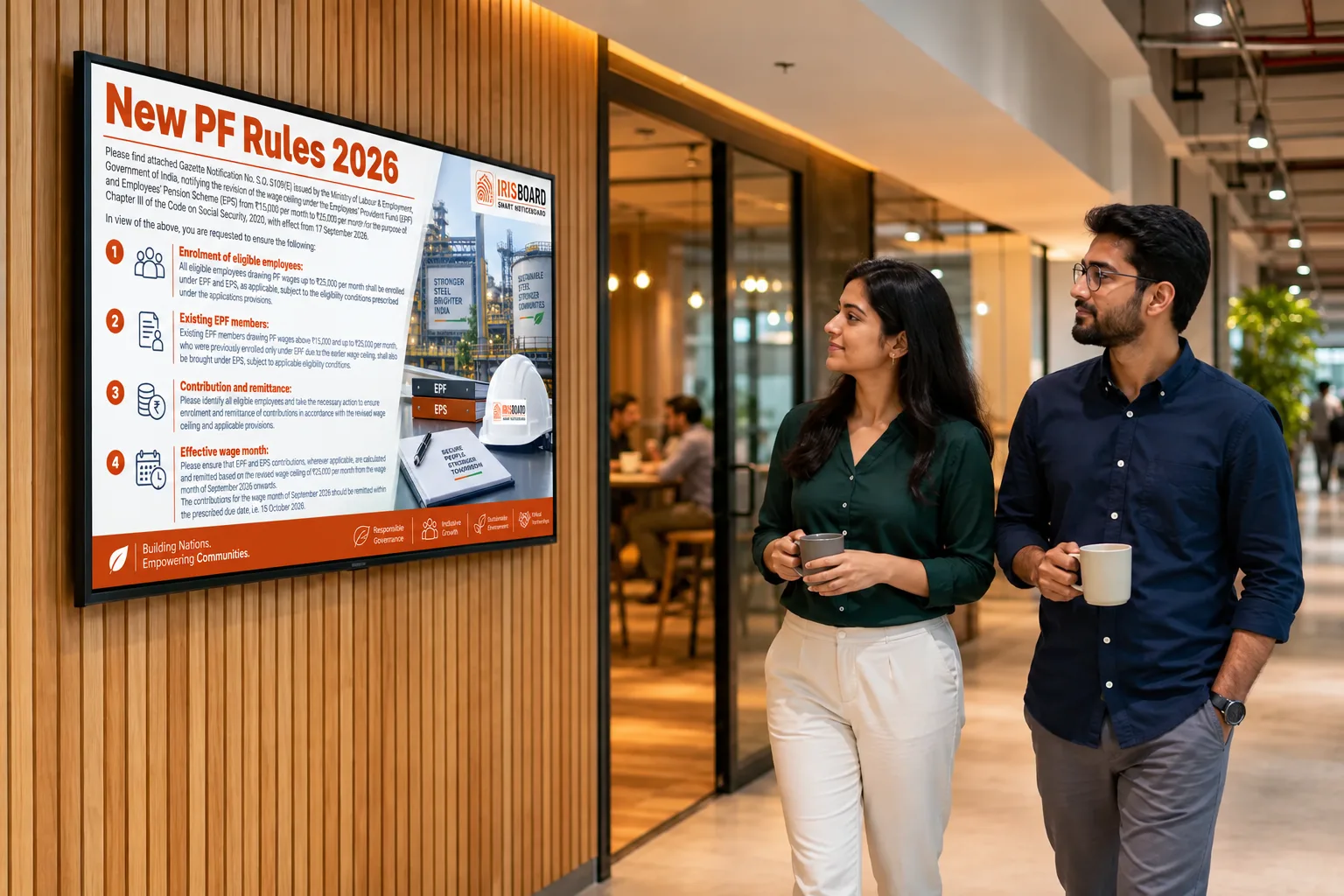 Employees reading a digital notice board in an office corridor