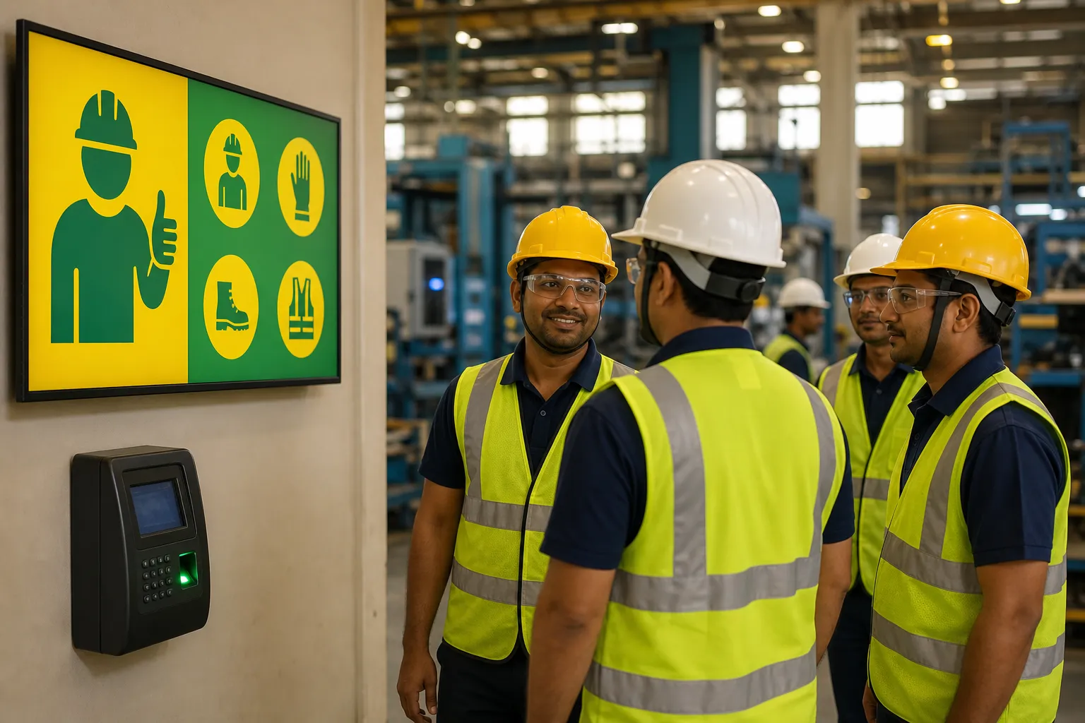 Shop-floor workers beside a digital safety notice