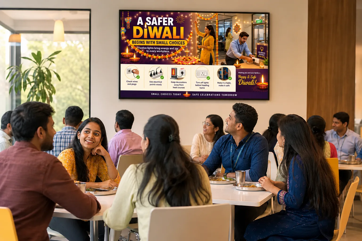 A festive digital notice in a workplace cafeteria