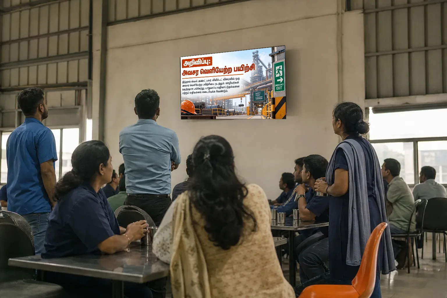 Employees in a factory canteen looking at a wall screen