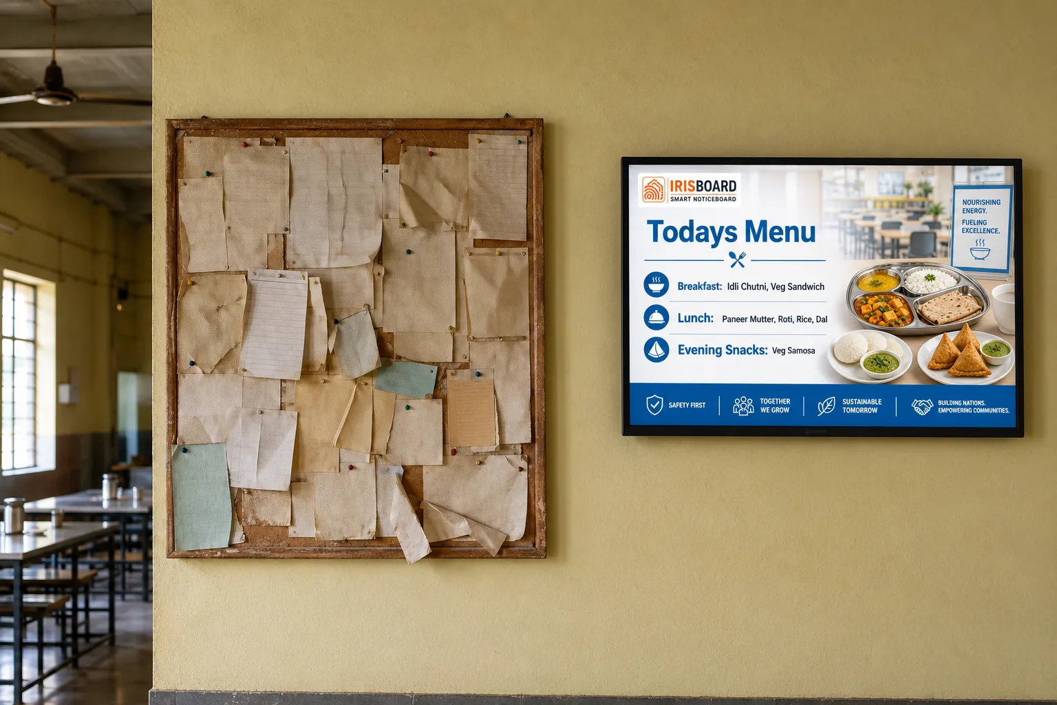 An old cork notice board crowded with faded, overlapping papers beside a wall-mounted digital screen in a factory canteen