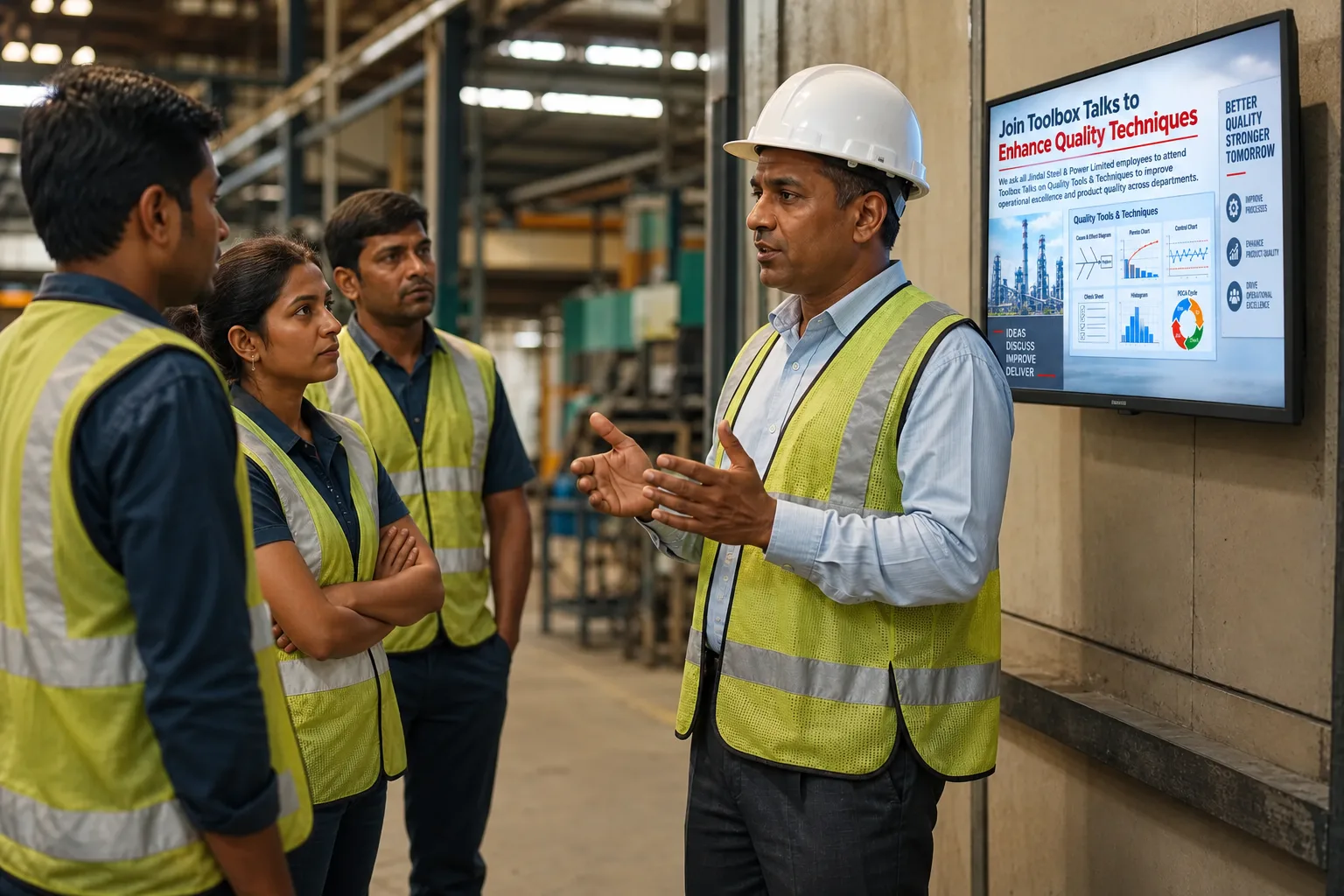 A safety officer briefing factory workers in hard hats beside a wall-mounted screen