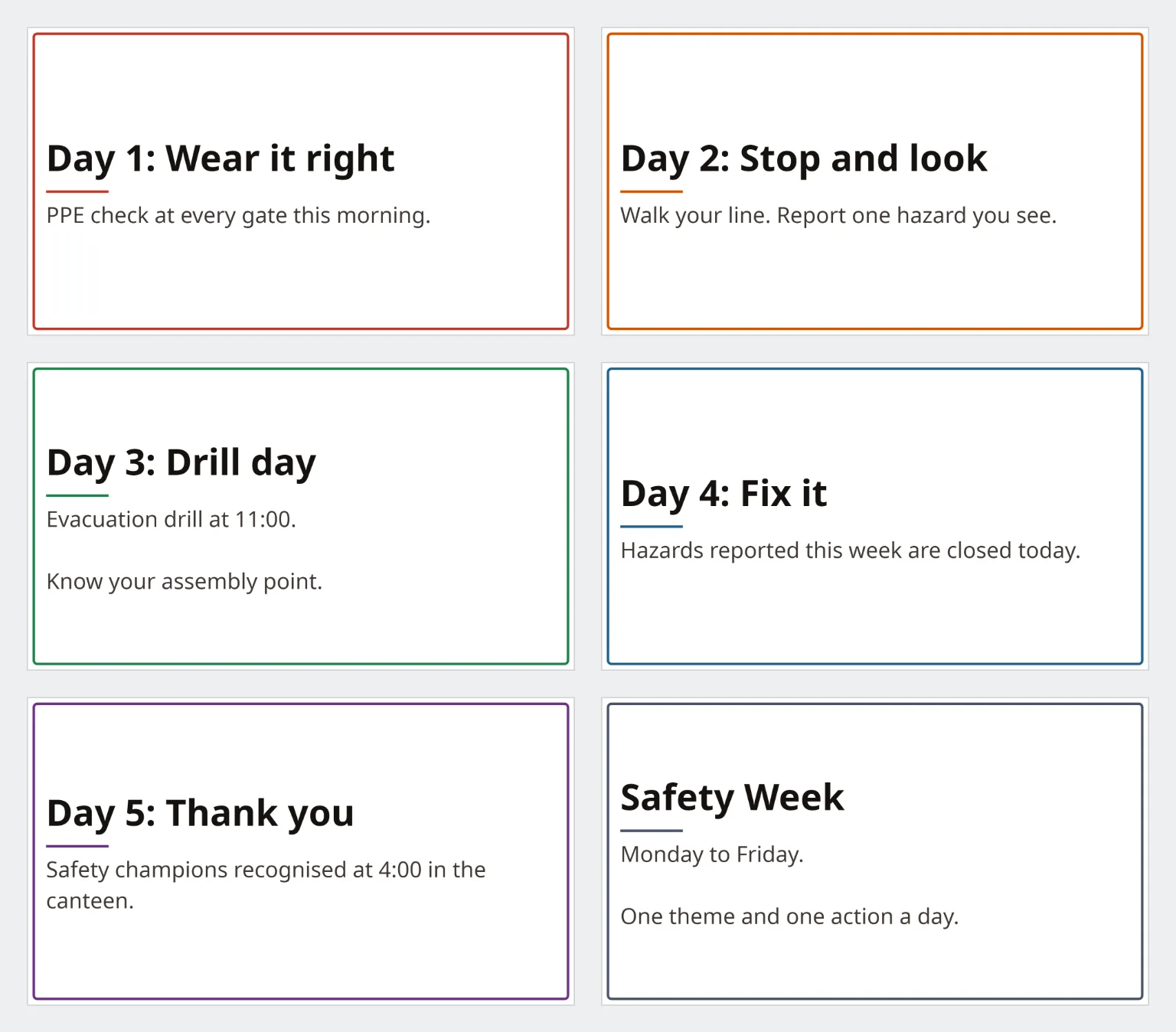 Six notices for a safety week: one for each of the five days (Wear it right, Stop and look, Drill day, Fix it, Thank you) and a summary notice