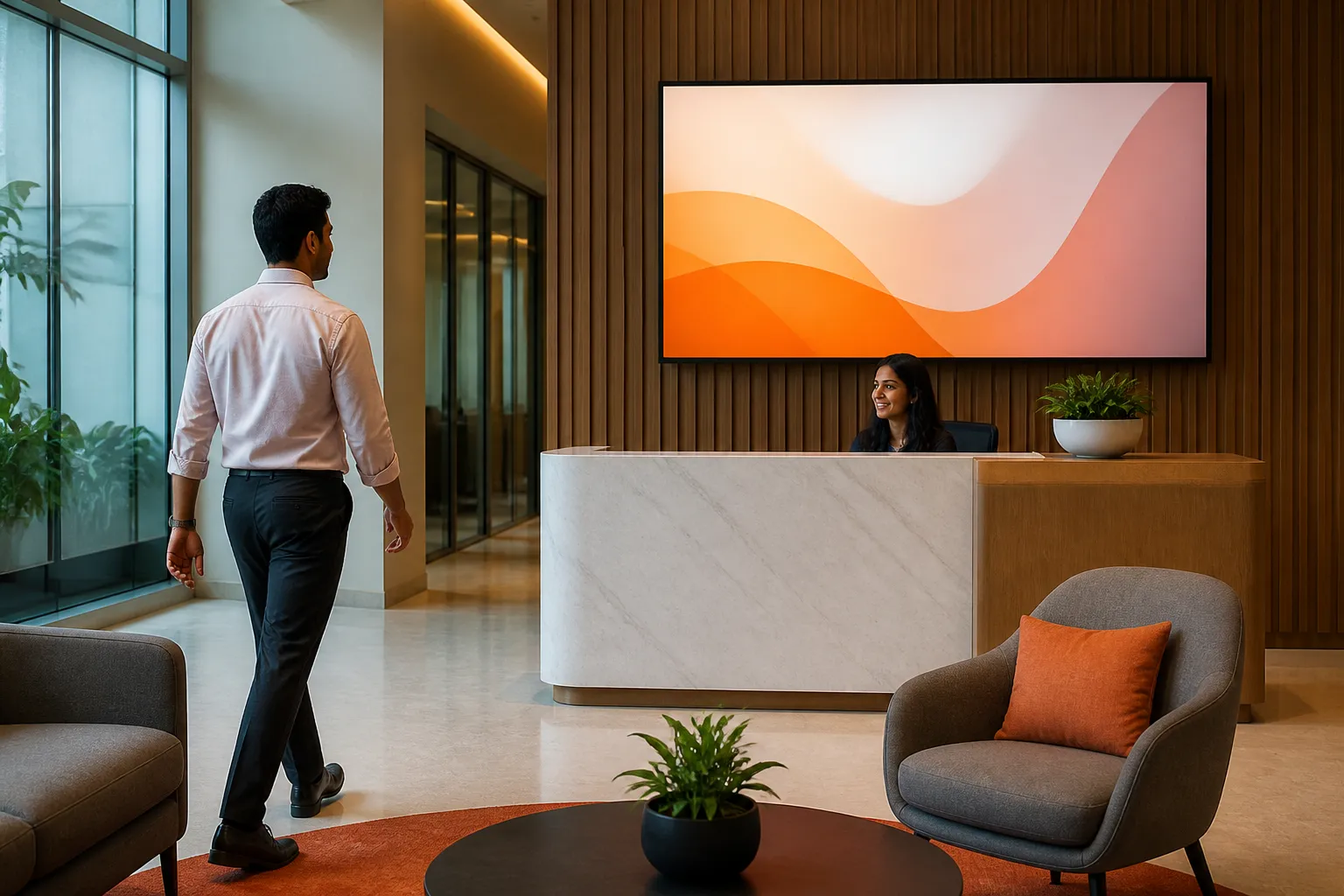 A large screen in a modern office reception area showing a company welcome message