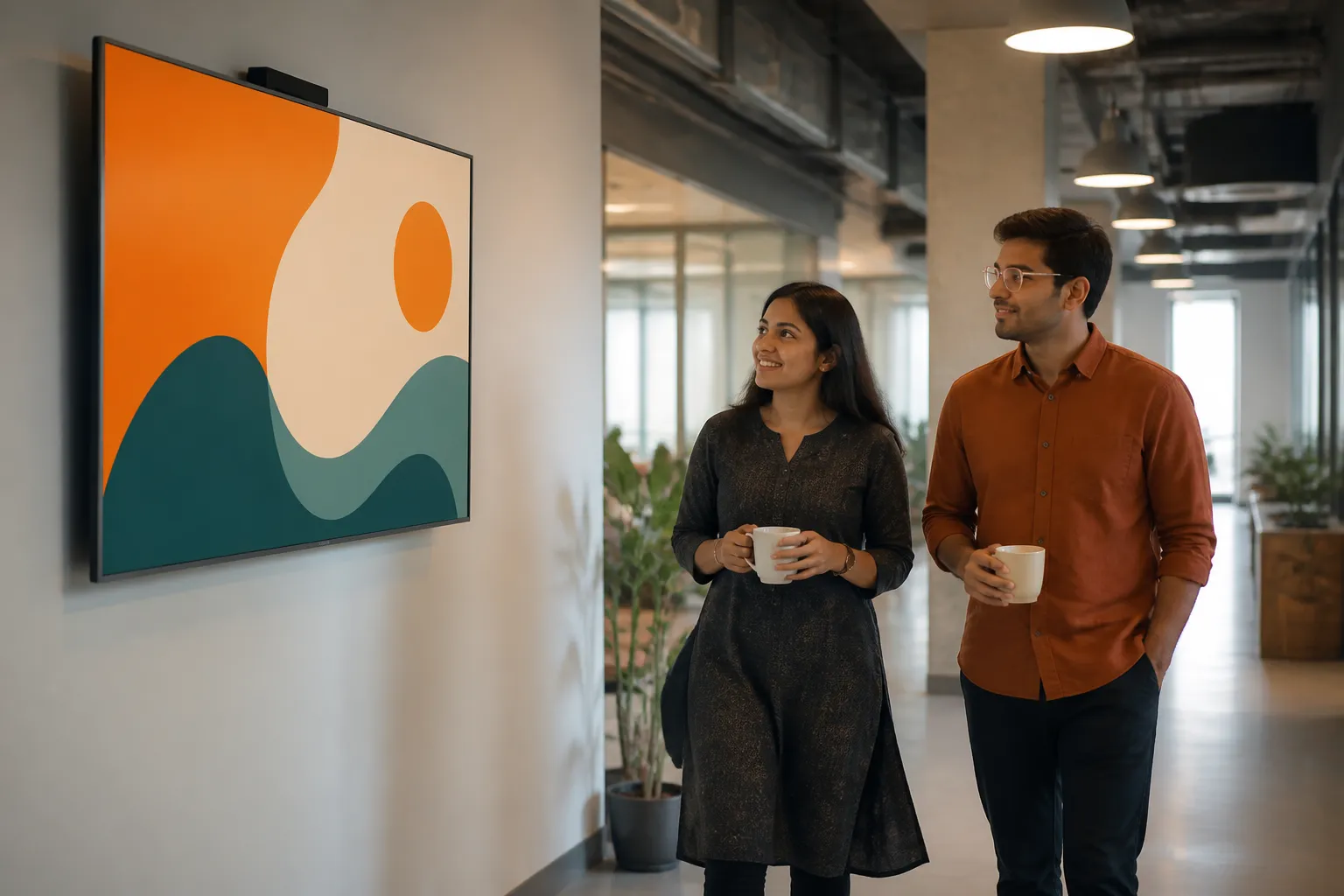 Employees walking past a wall-mounted digital notice board in an office corridor