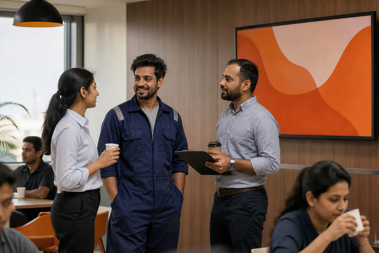 Workers of mixed roles gathered near a workplace screen showing a company announcement