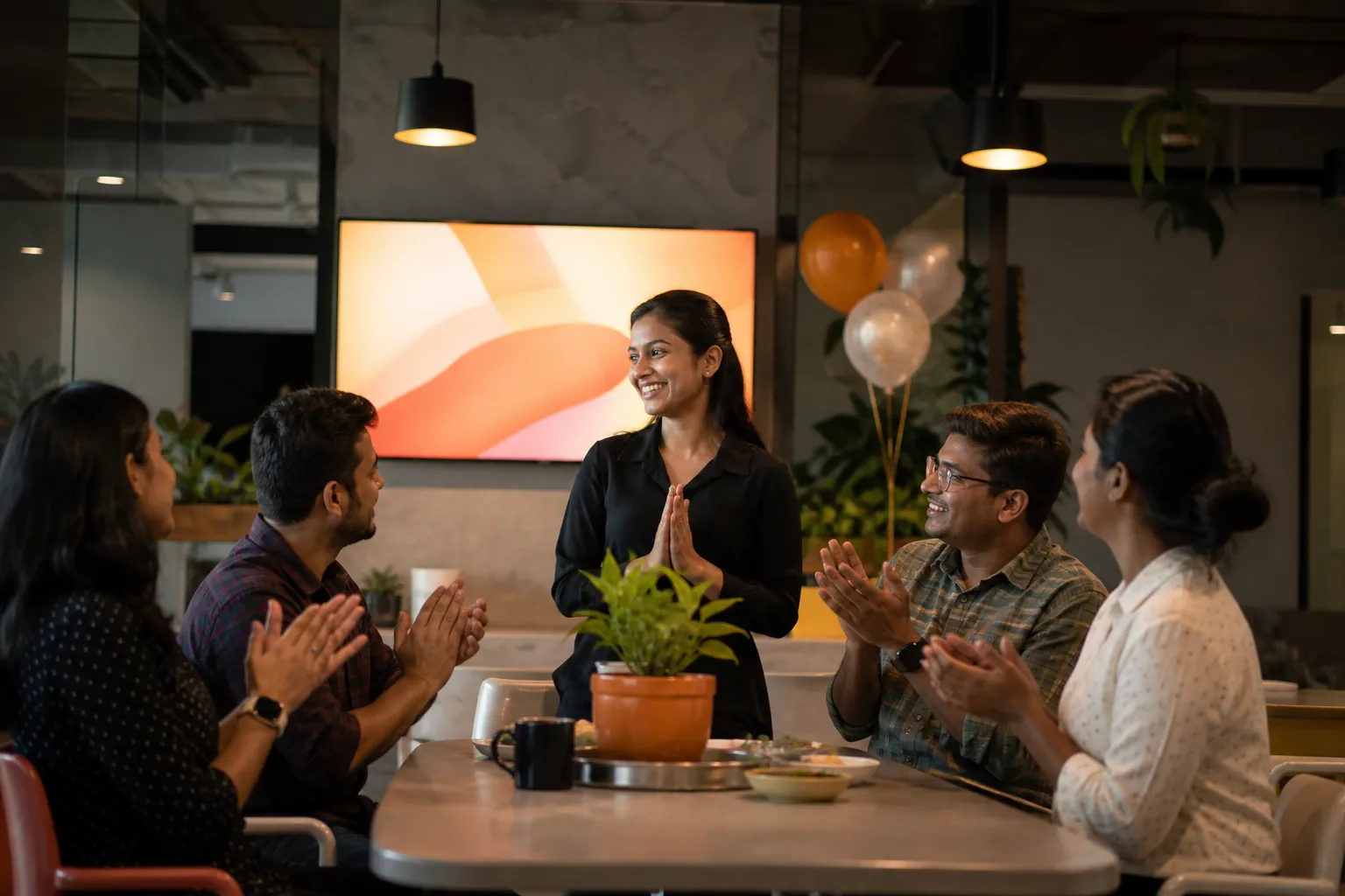 Colleagues smiling at a workplace screen showing a recognition notice in a cafeteria