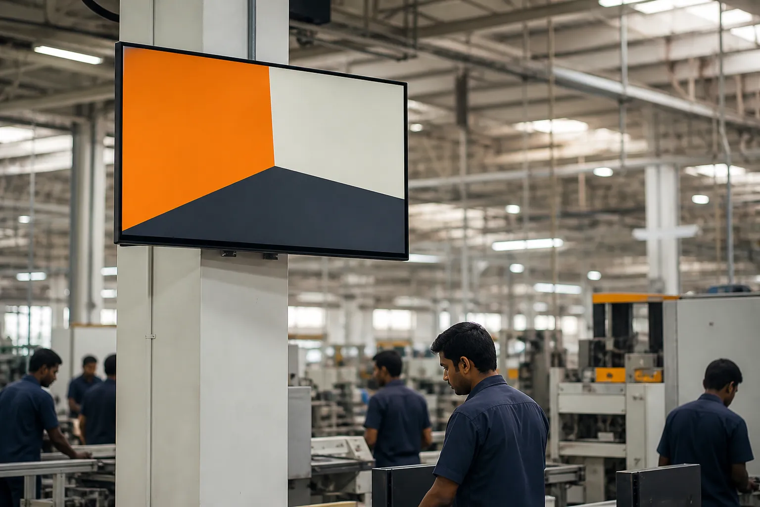 A large wall-mounted display on a factory shop floor showing shift and safety information