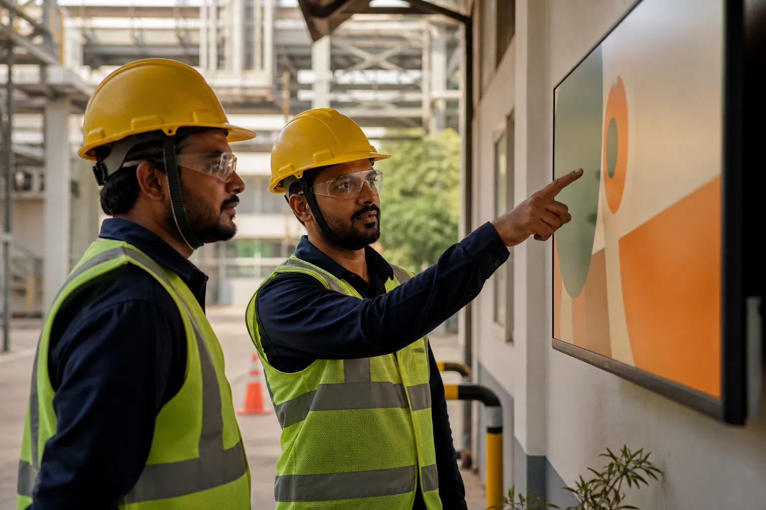 Workers in helmets and high-visibility vests beside a screen showing a workplace safety notice